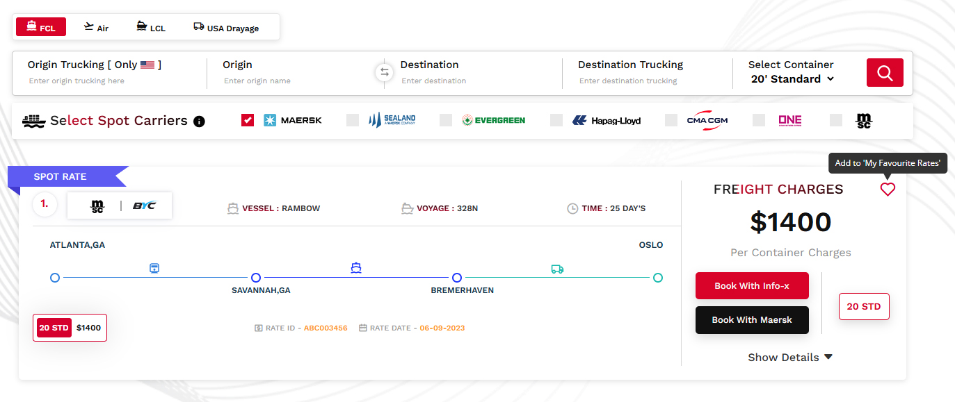 My Favorite Rates Cargorates.ai dashboard showing ocean freight rate from Atlanta to Oslo with 'My Favorite Rates' feature to save and access top-rated carrier pricing.