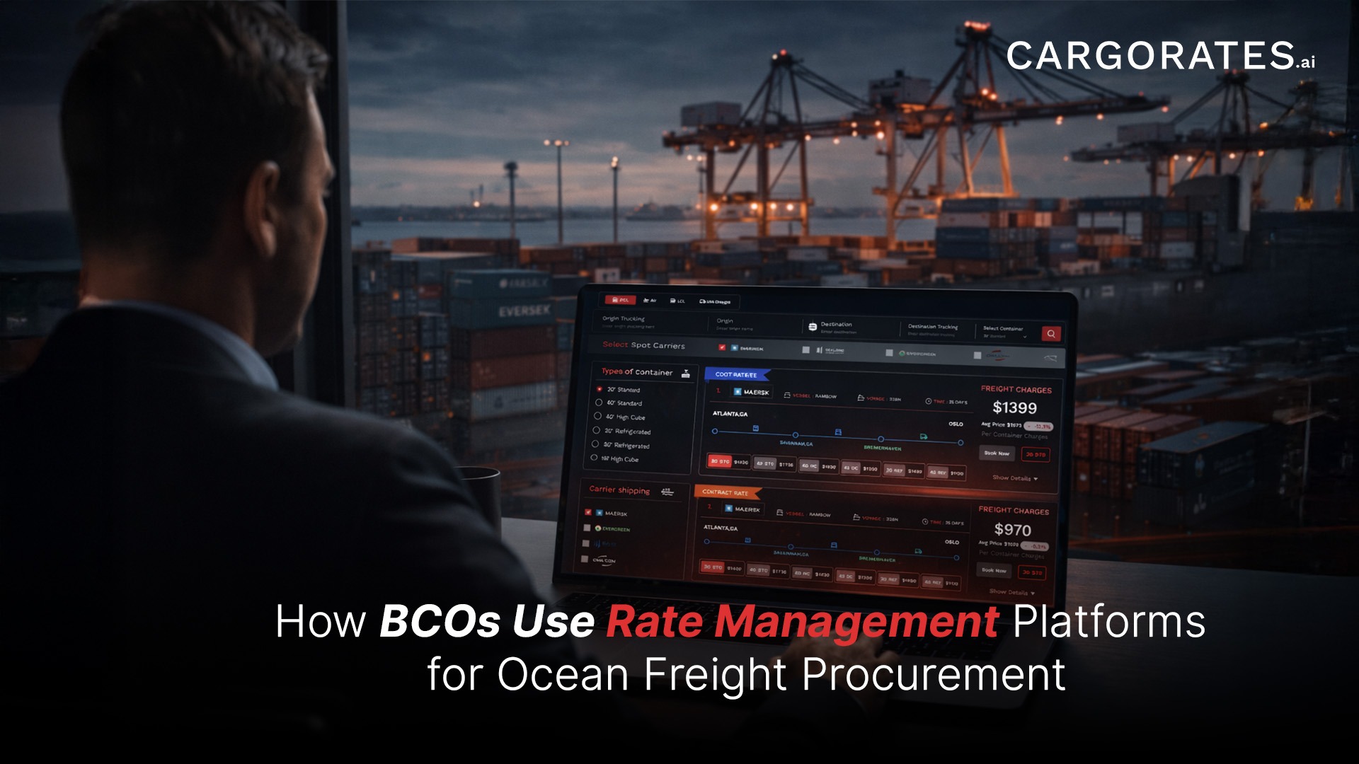 BCO procurement team using an ocean freight rate management platform to compare carrier contracts, track allocations, and benchmark trade lane rates