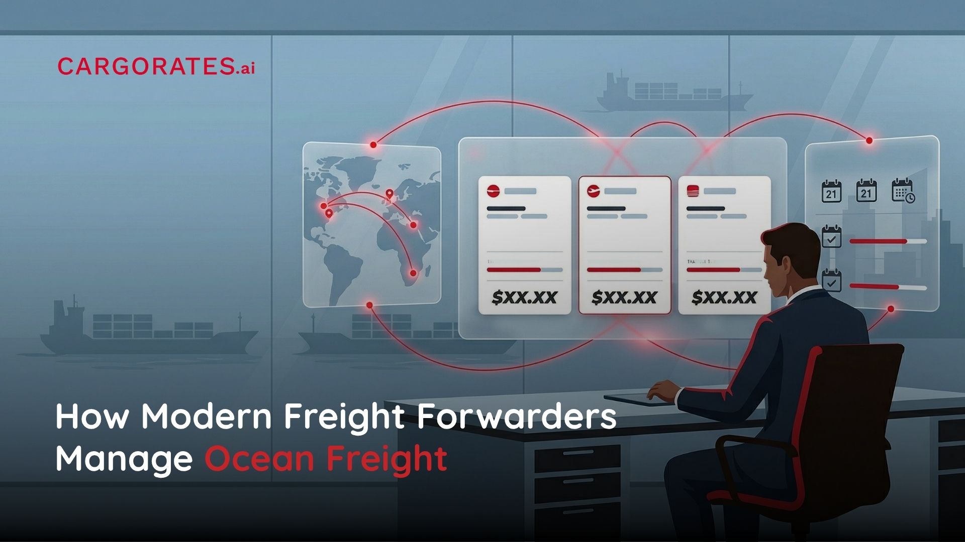 Modern freight forwarder using an AI-powered ocean freight rate management platform to compare carrier contracts and generate instant quotes