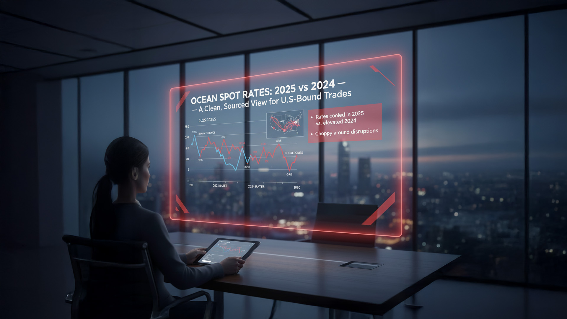 Container ship alongside cranes showing U.S.-bound ocean logistics and 2025 spot rate trends