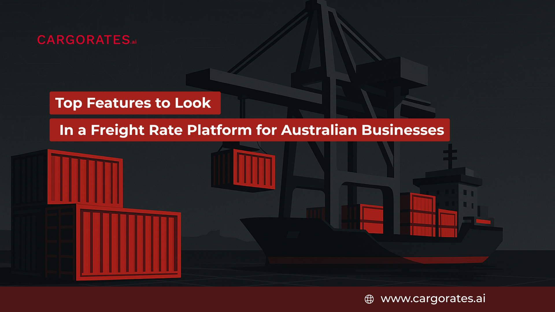 Illustration of an AI-powered freight rate platform showing red cargo containers, crane, and vessel at port — representing Cargorates.ai logistics technology for Australian forwarders and BCOs.