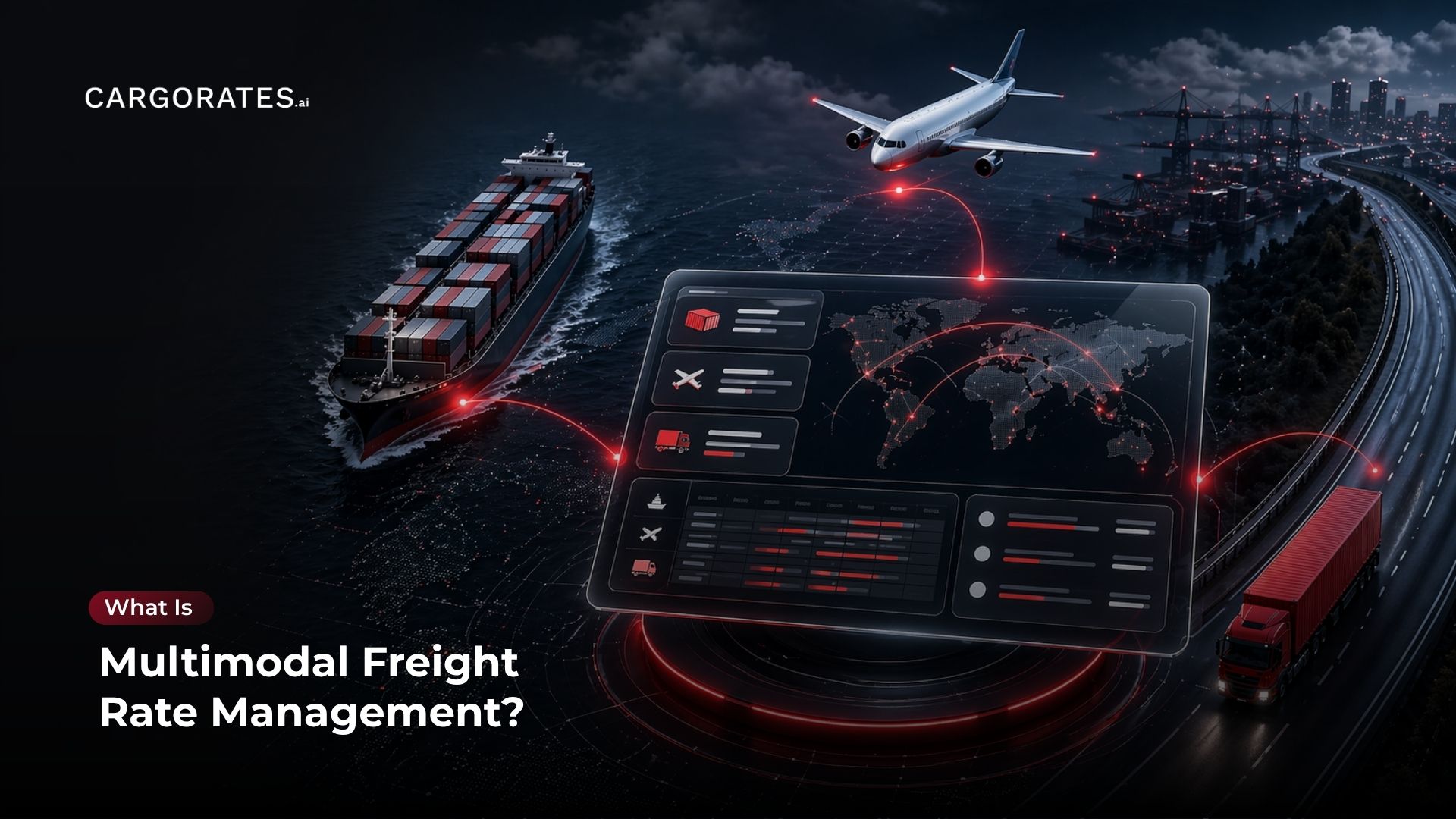 Multimodal freight rate management platform showing ocean, air, and trucking rates unified on a single interface for freight forwarders and NVOCCs