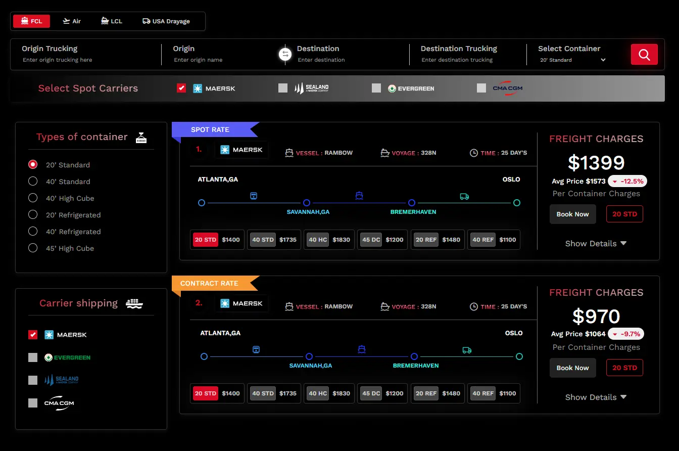 Freight rate comparison dashboard showing real-time spot and contract rates by carrier, container type, and route using the Cargorates.ai platform.
